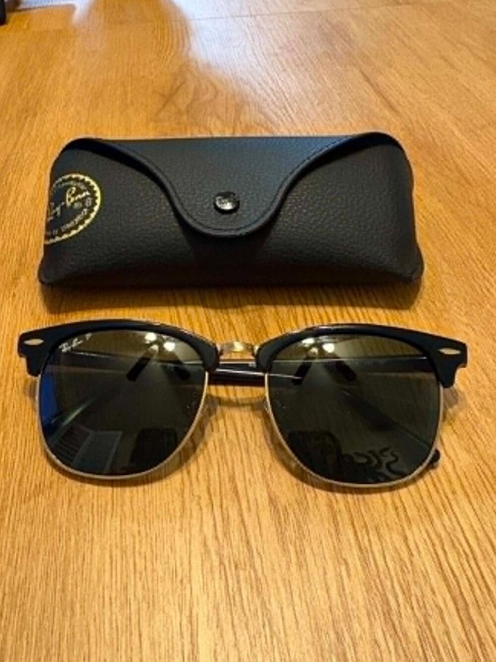 Ray-Ban Black and Gold Clubmaster Sunglasses with Dark Green Lenses